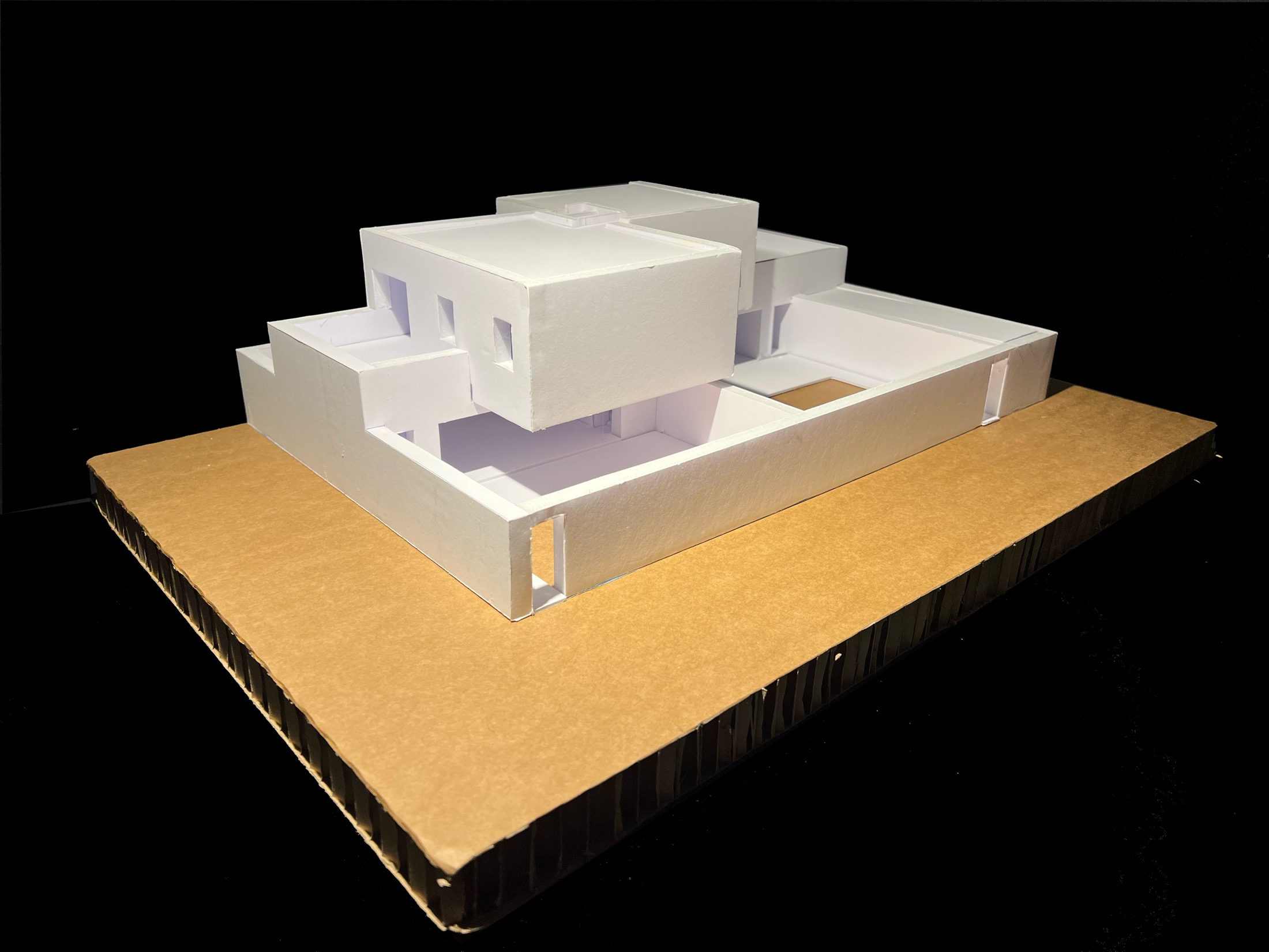 Intreccio — exterior view of the model, raking light from the southwest