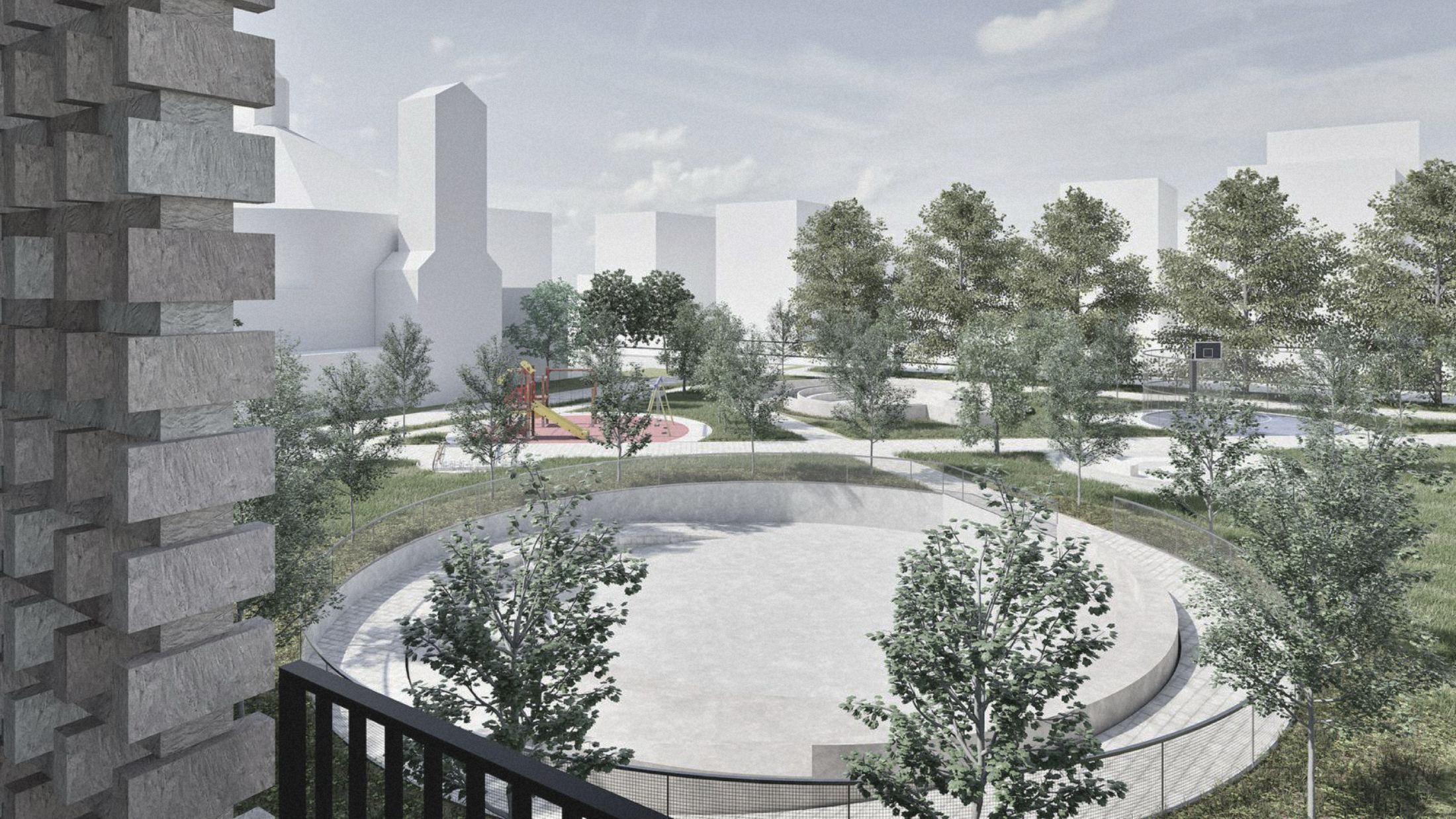 Koinè — view onto the circular piazza and the play area