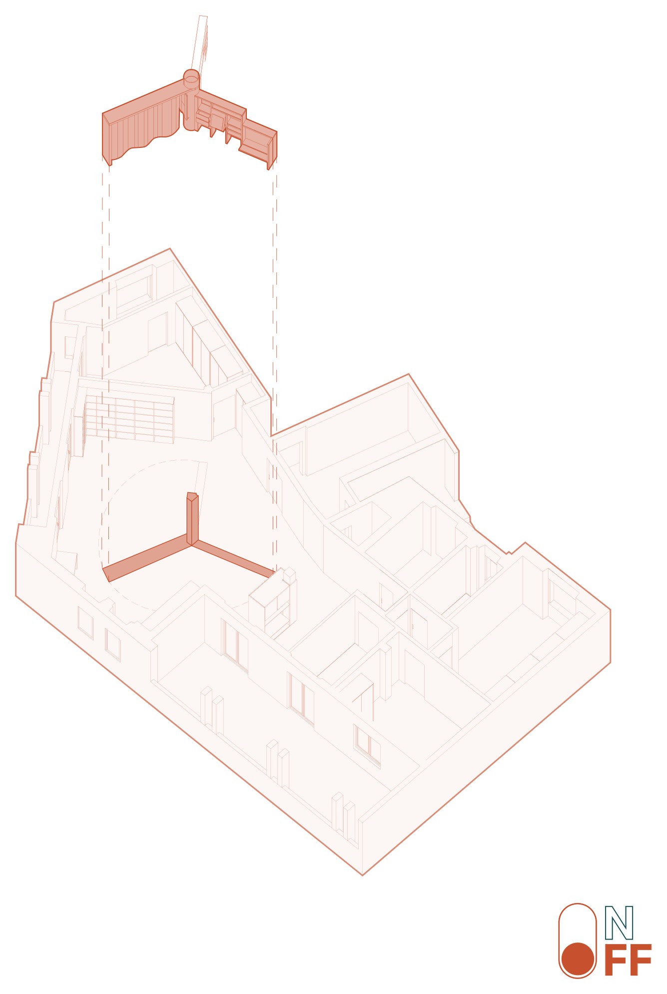 On/Off Line — axonometric of OFF mode, highlighting the break module