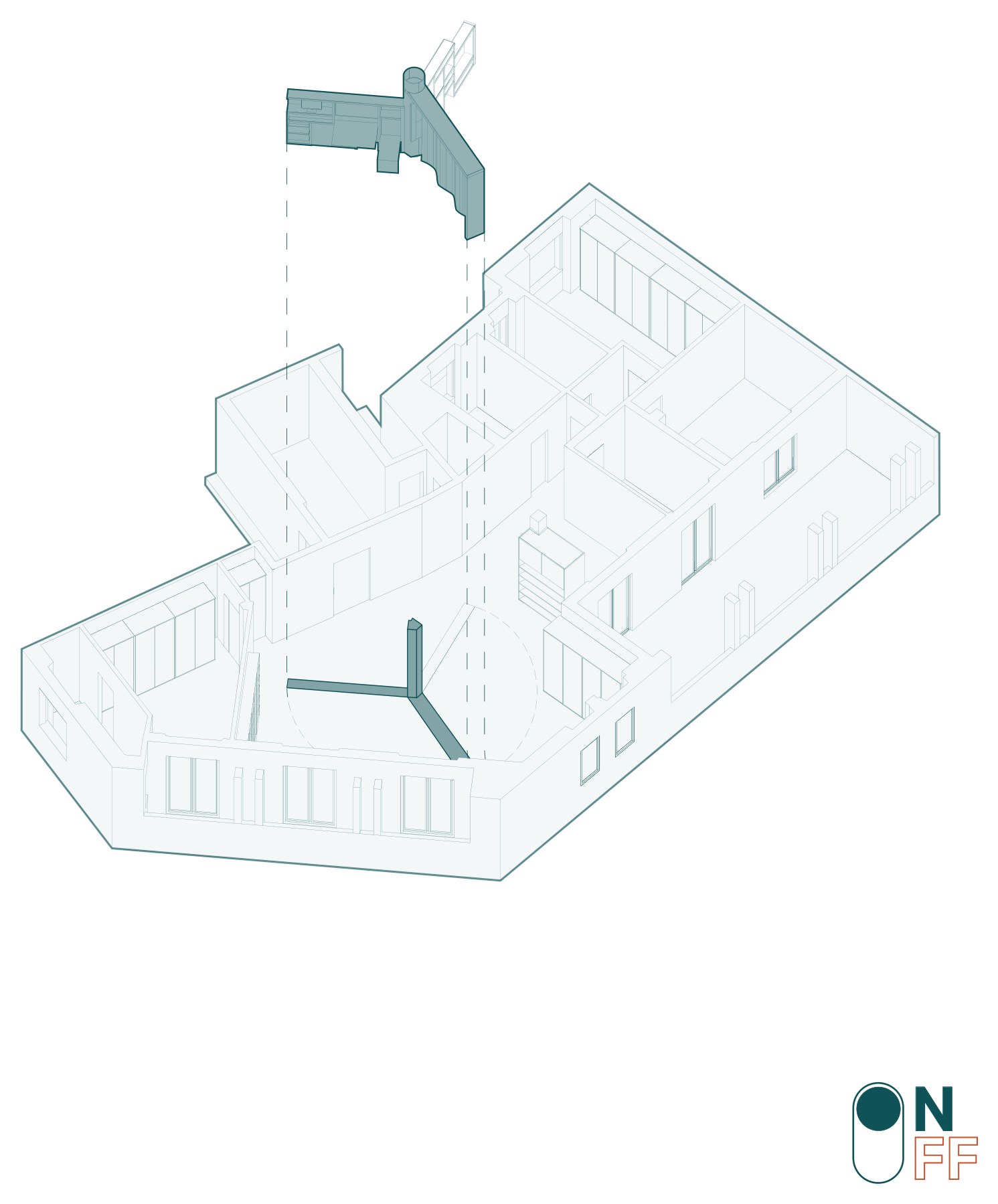 On/Off Line — axonometric of ON mode, highlighting the work module
