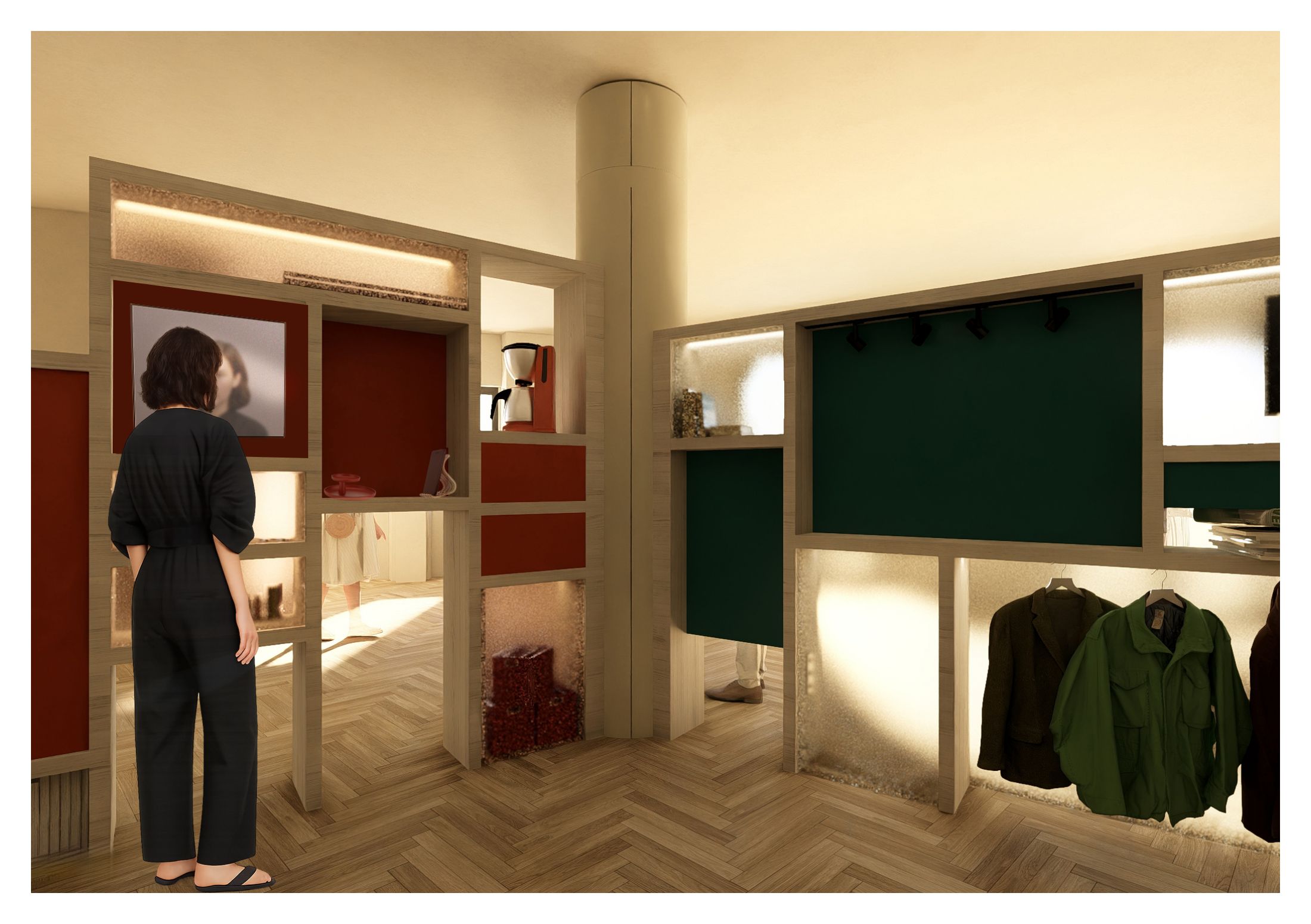 On/Off Line — wardrobe with screen and coat rack around the column
