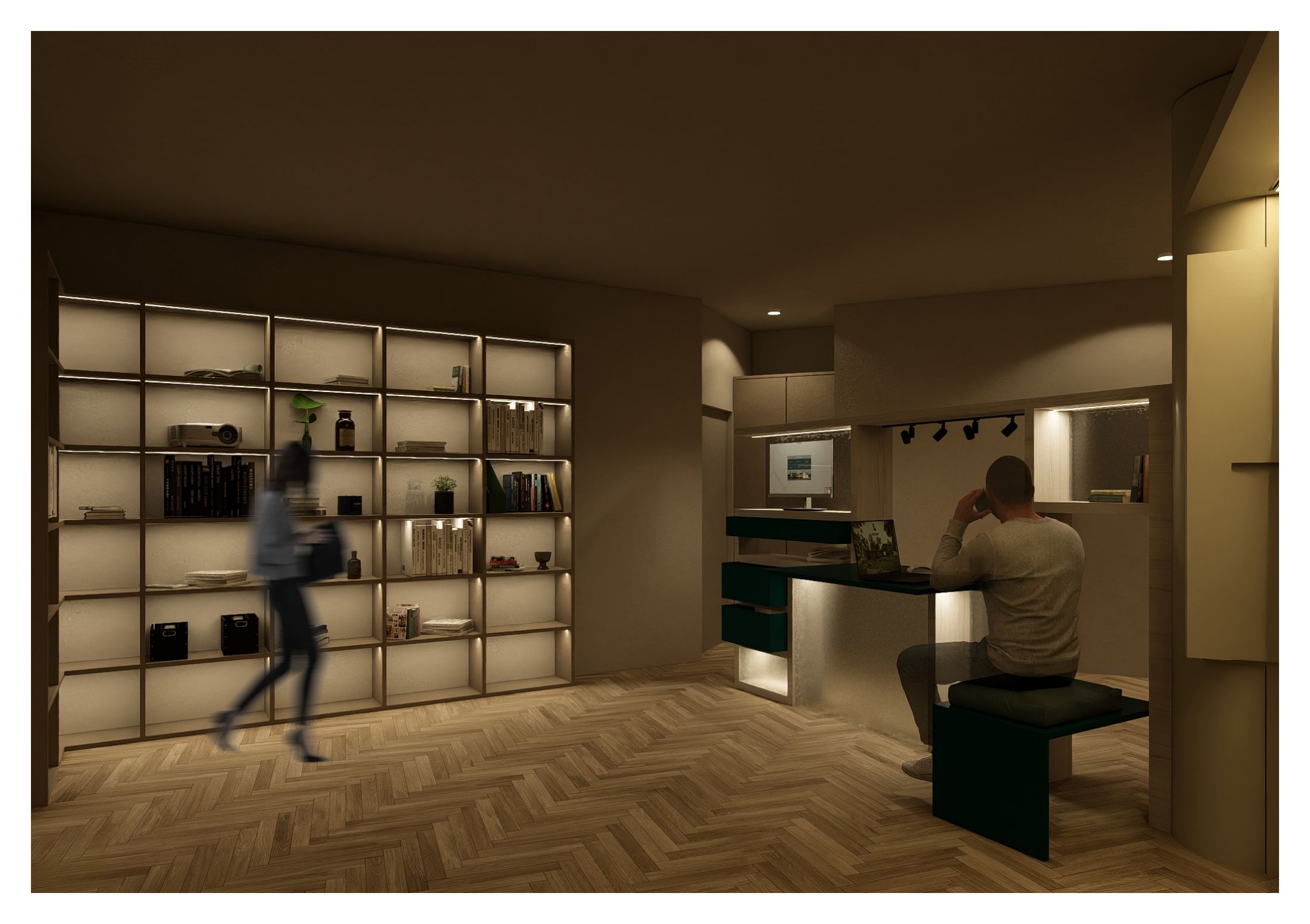 On/Off Line — bookshelf wall and workstation