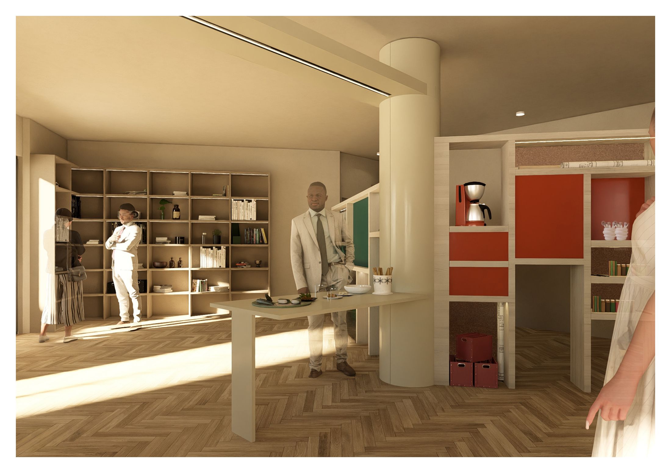 On/Off Line — communal table next to the column