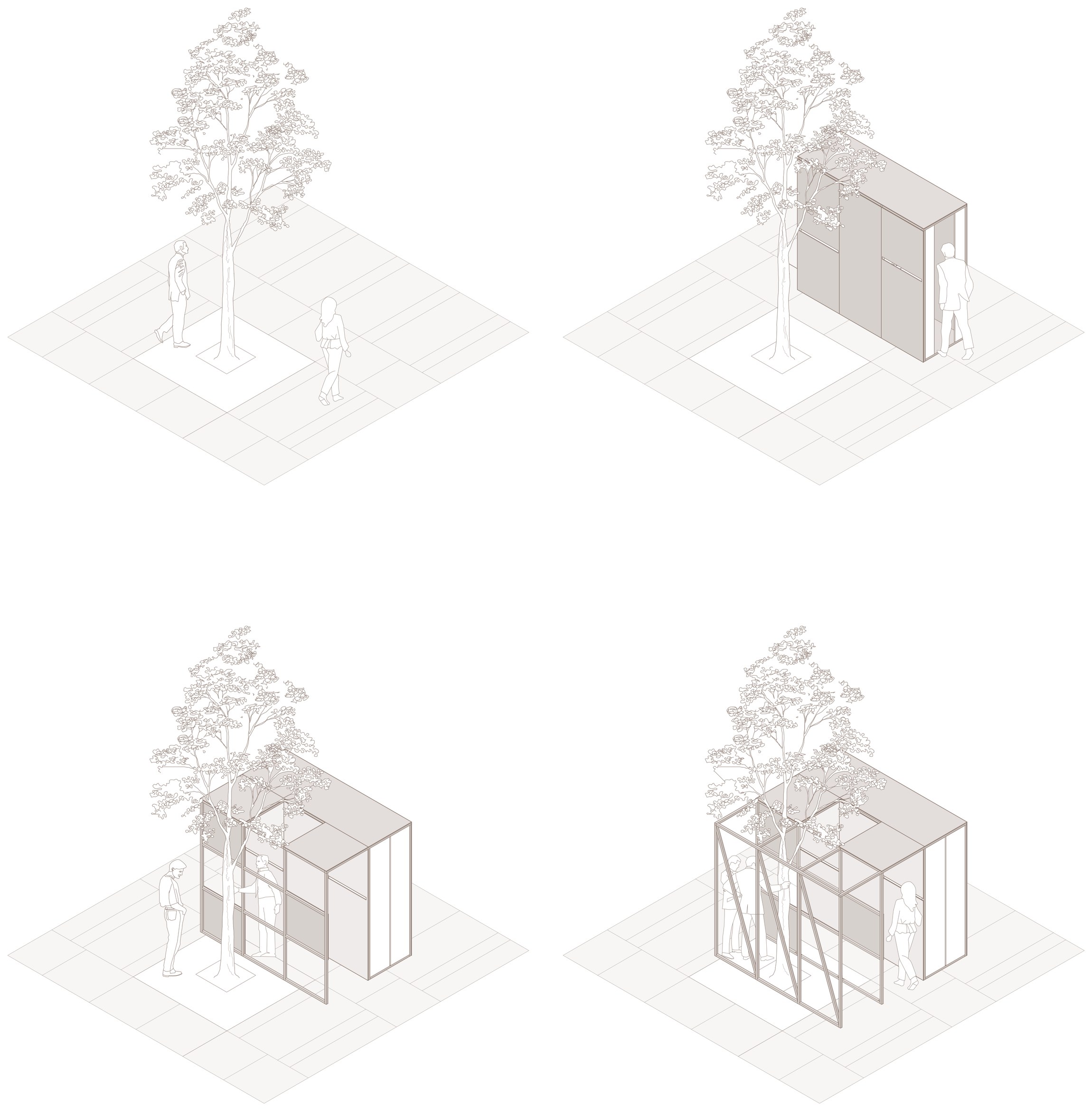Padiglione — concept diagram: from the existing tree to the final volume