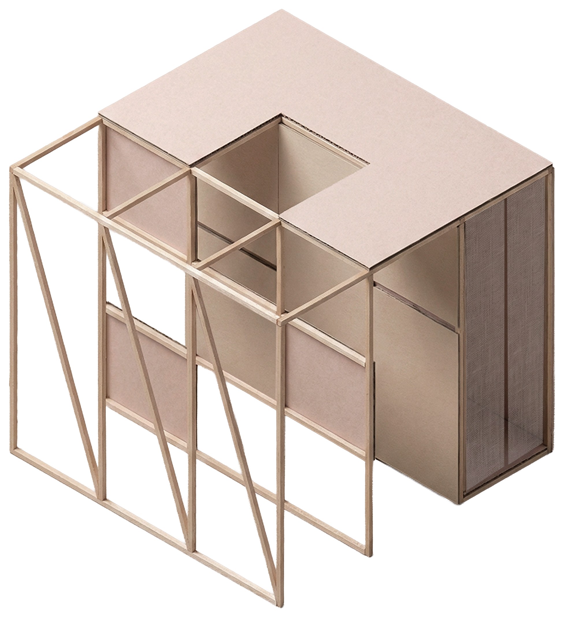 Padiglione — material axonometric with timber and glass structure