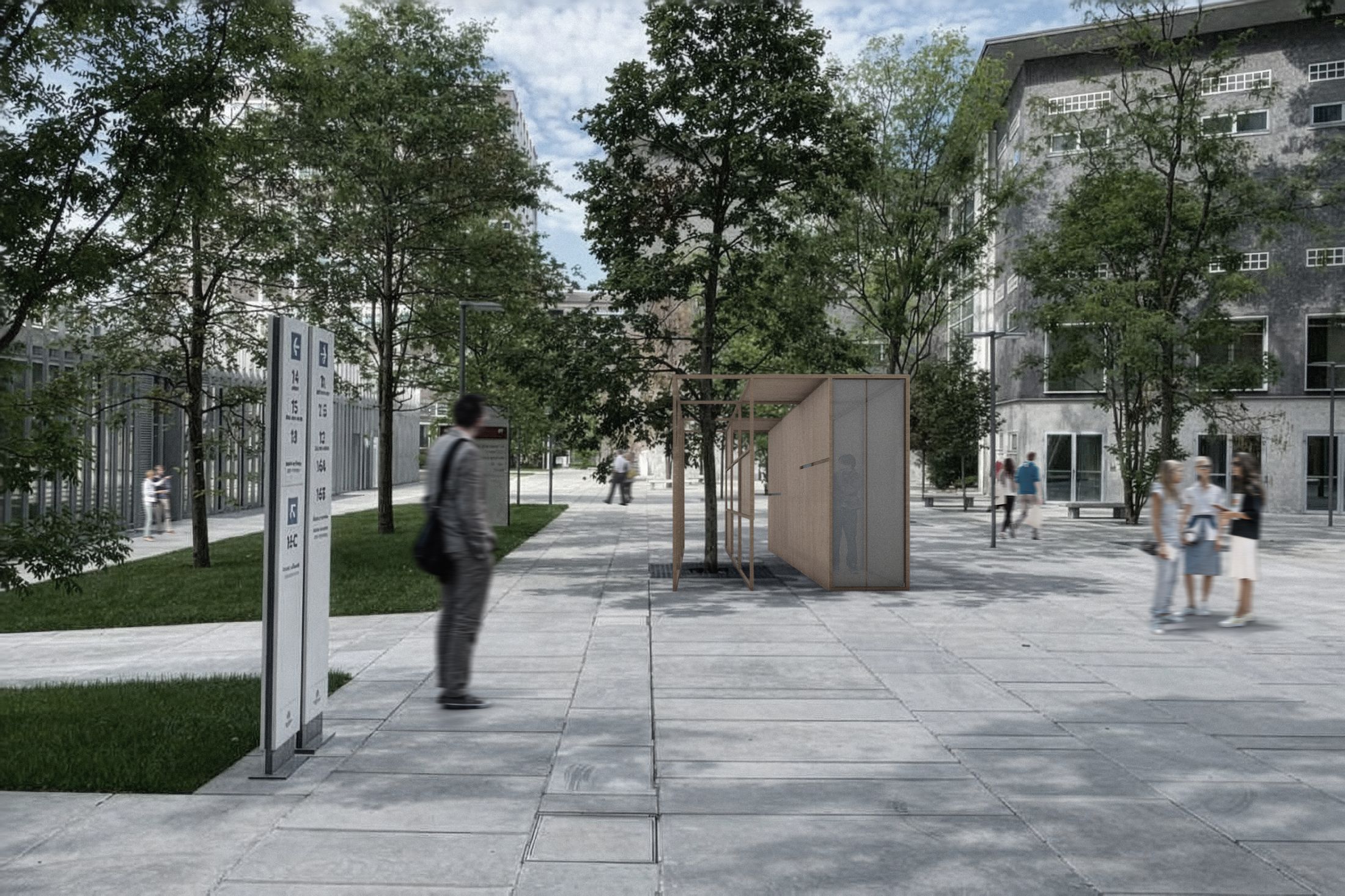 Padiglione — front view along the campus path