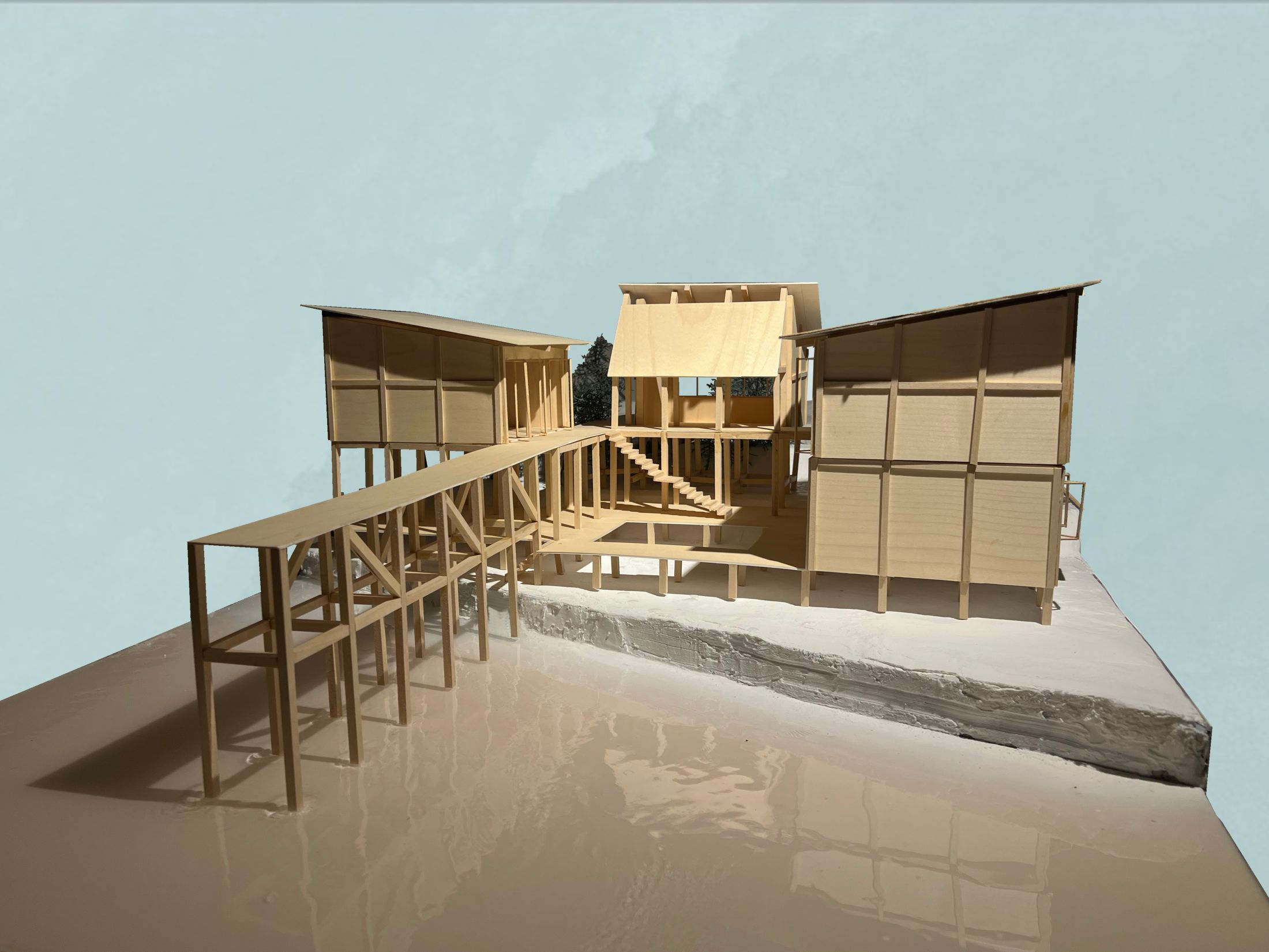 Promenade — model, overall view of the walkway and the volumes on stilts