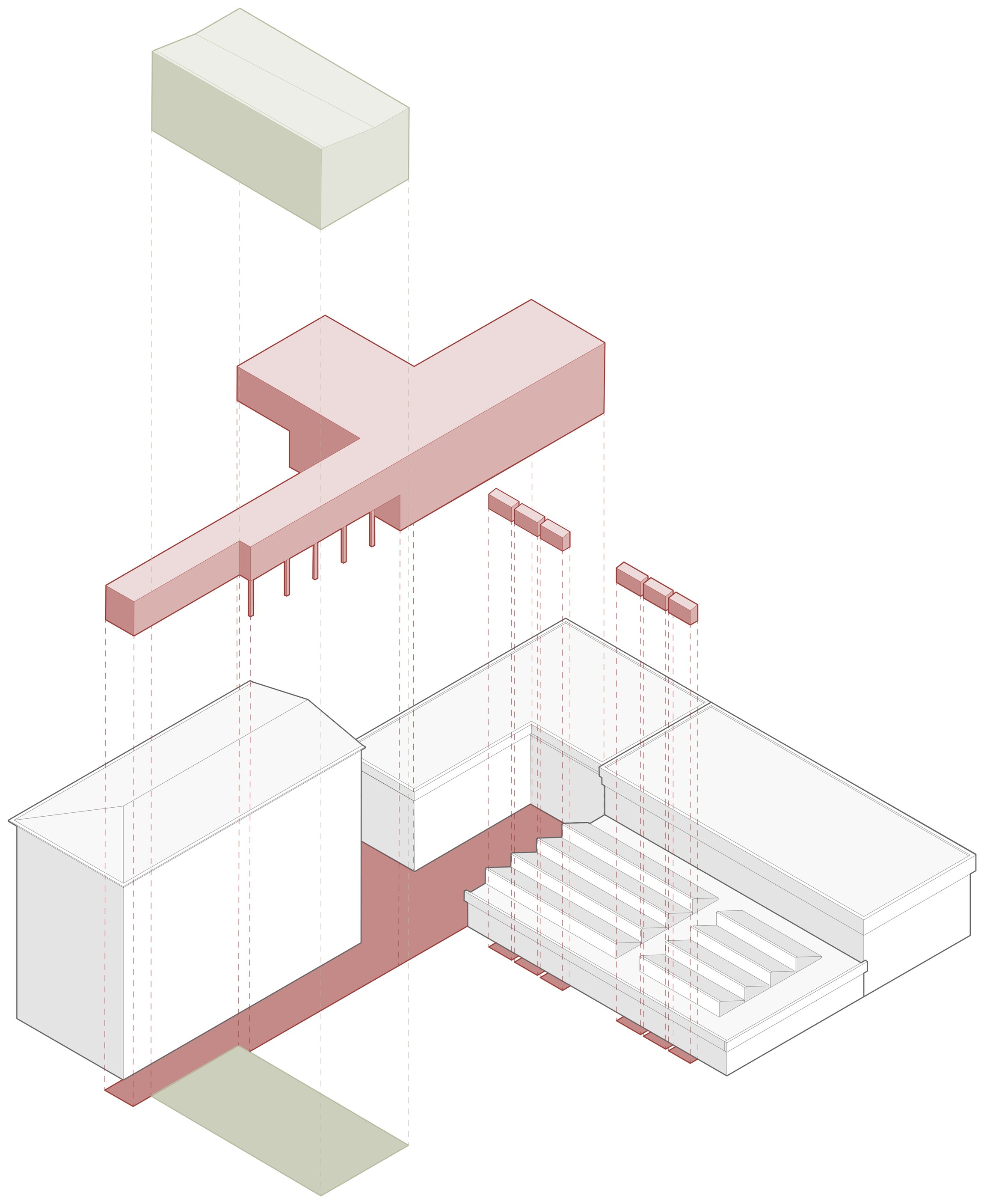 Spina Abitata — exploded axonometric of the intervention