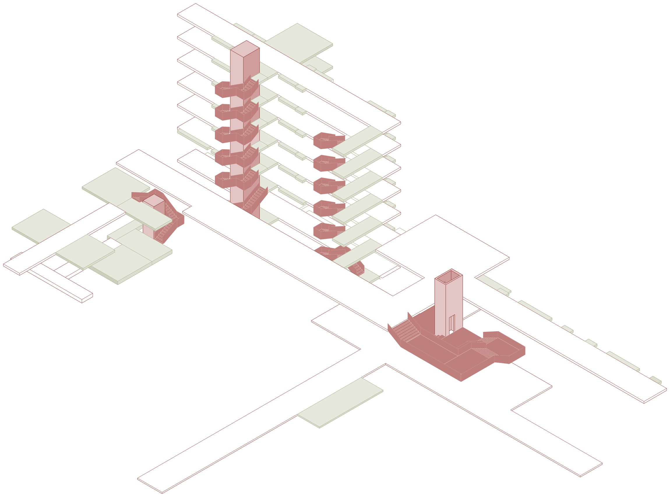 Spina Abitata — conceptual axonometric of the spine between the existing volumes