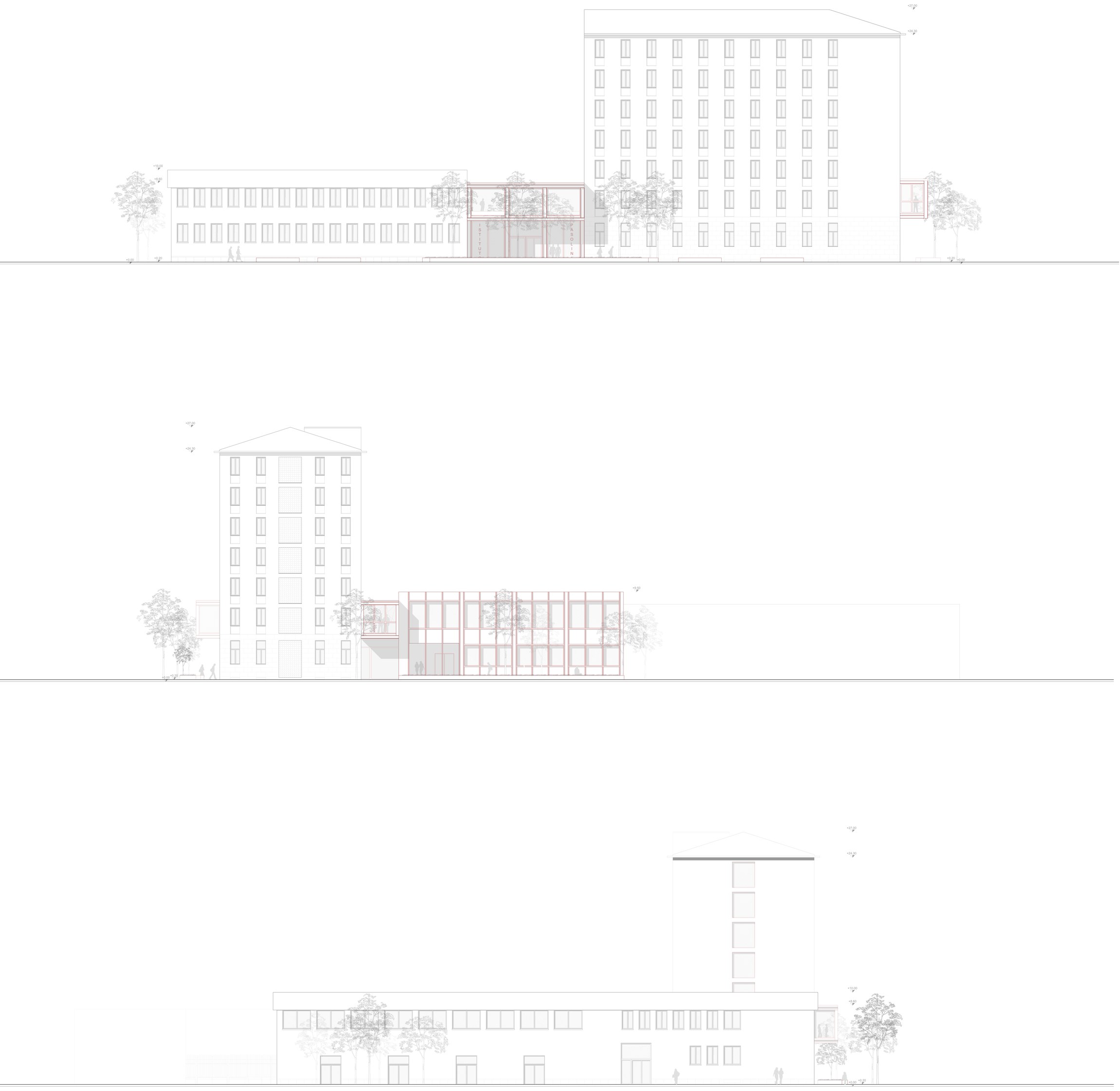 Spina Abitata — elevations, new interventions shown in red
